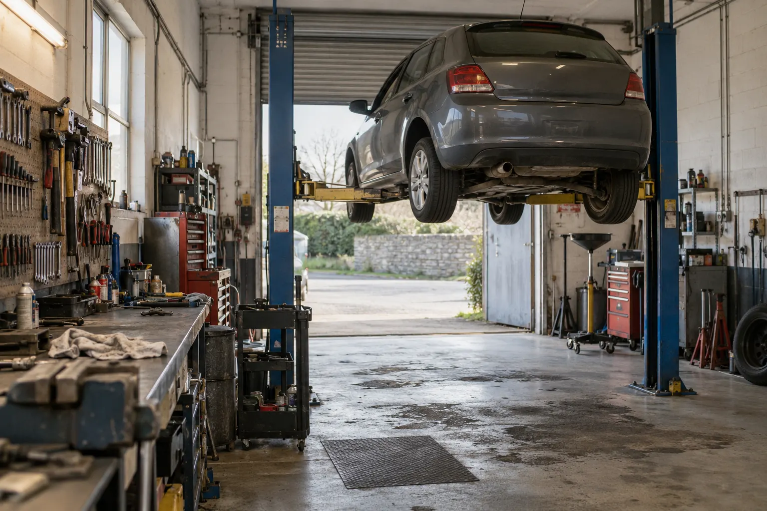 Taller con un coche elevado en un puente de dos columnas y la puerta enrollable abierta