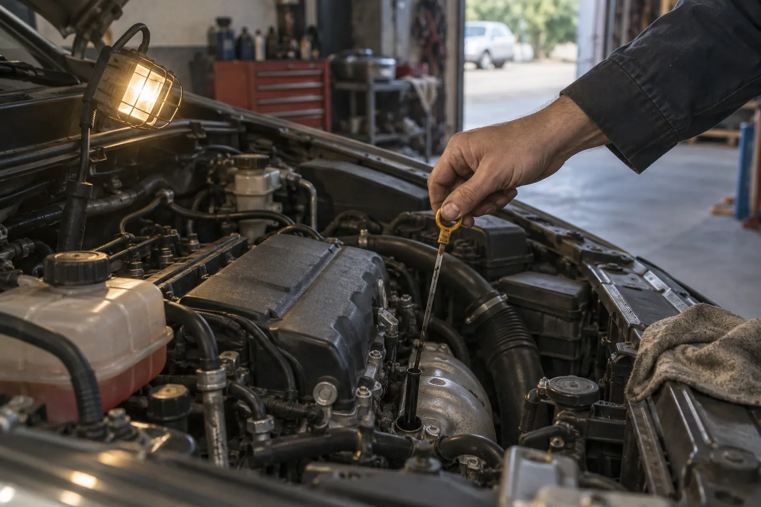 Compartimento del motor abierto con una luz de trabajo